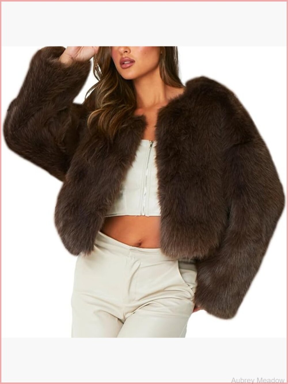 Faux Fur Coat Fluffy Long Sleeve Open Front Cropped Furry Jacket with Pockets